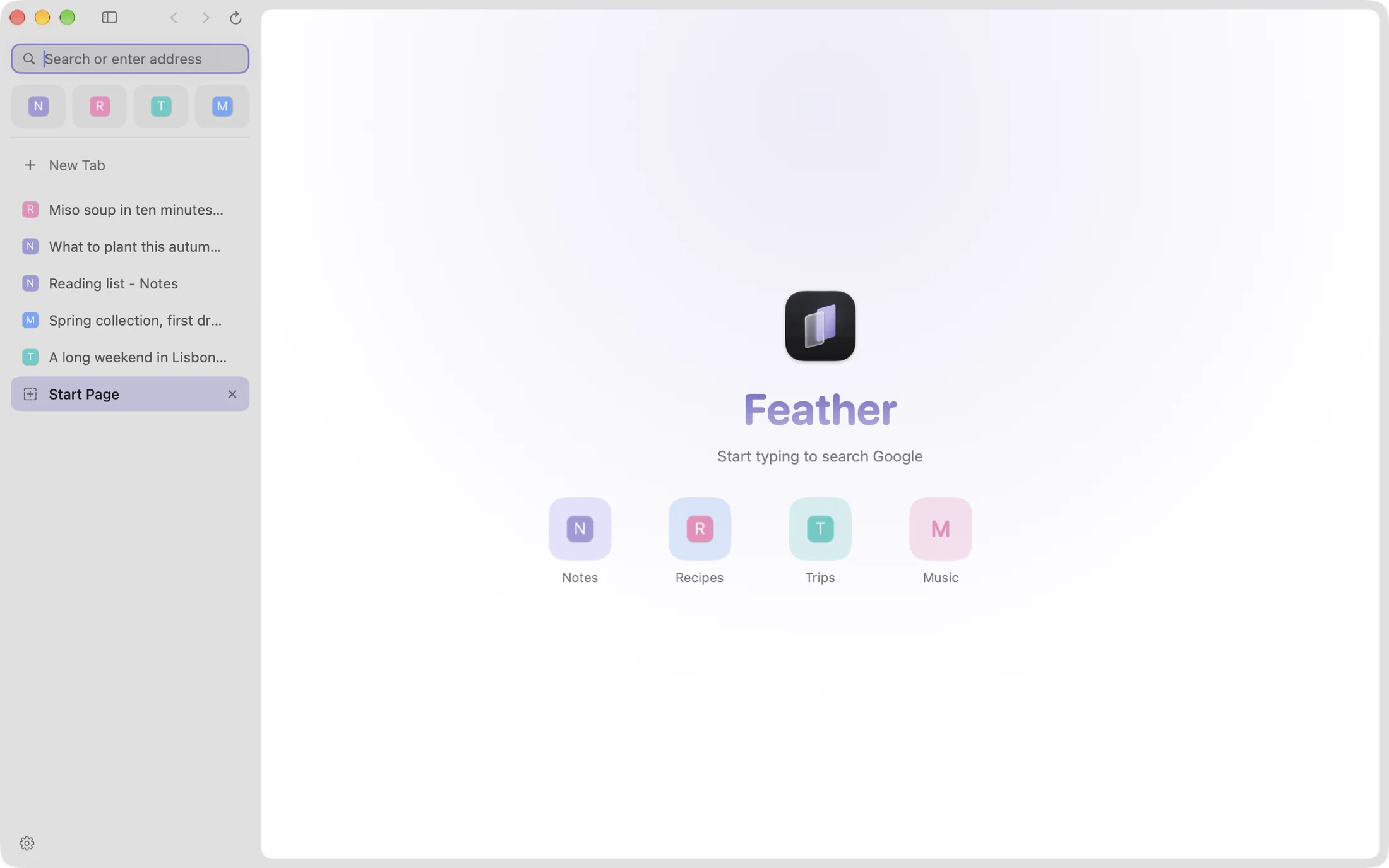 The Feather window: a sidebar with a row of pinned tabs and a list of open tabs, and the start page showing the Feather icon and four bookmarks.